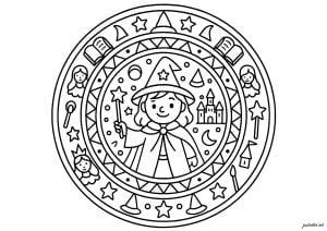小巫师与魔法符号. 年轻巫师手持魔杖,置身于迷人画框中。城堡与星辰环绕人物,唤起童话世界的想象。 小巫师与魔法符号