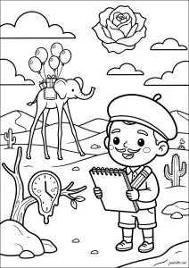 萨尔瓦多·达利及其超现实主义的宇宙. 一幅受萨尔瓦多·达利启发的涂色画，画中他留着标志性的胡须，戴着贝雷帽，正在笔记本上画画。在他周围出现了他超现实主义世界中的几个标志性元素：挂在树枝上的柔软钟表、一只长腿大象驮着奇怪的建筑、一朵漂浮在天空中的大玫瑰，以及一片形状奇特的沙漠风景。