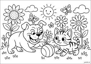 一只大斗牛犬在和一只猫玩球