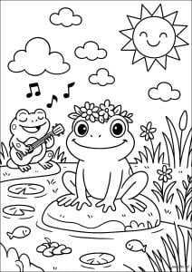 ギターを持つカエル. 花の冠をかぶった楽しげなカエルと、ギターを弾くもう一匹のカエル。穏やかな風景、睡蓮と晴れた空。 ギターを持つカエル