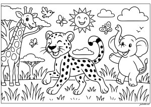 チーターとその他の陽気な動物たちが輝く太陽の下で