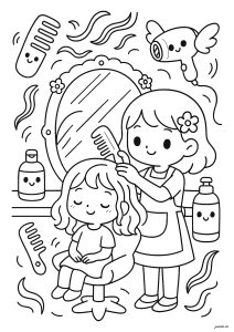 美容師が少女の髪を切っているところ