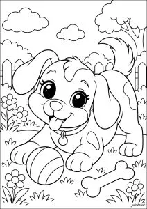 庭でボールで遊んでいる犬. 首輪をつけた犬が芝生でボールと遊んでいる。周りには柵と花がある。