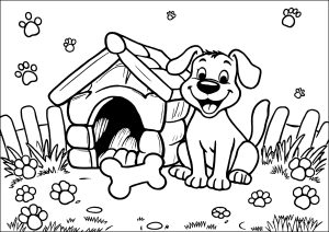 犬の小屋の前にいる犬、周りには犬の足