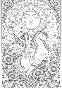 太阳. 一轮光芒四射的太阳照耀着一匹前蹄腾跃的马，周围环绕着向日葵。一张明亮欢快、可供涂色的卡片。
