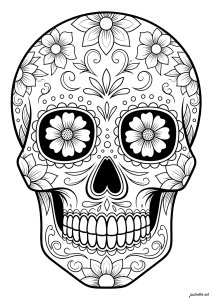 颅骨中的花卉之美. 这幅插画展示了一个装饰着花朵和精致图案的骷髅头,洋溢着喜庆多彩的文化气息。 骷髅中的花卉之美