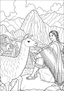 Lama 和年轻的秘鲁女子在马丘比丘