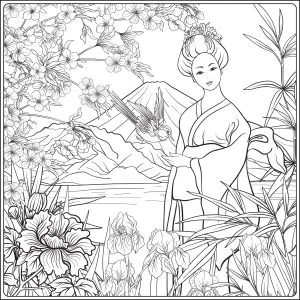 日本风景与富士山和日本妇女