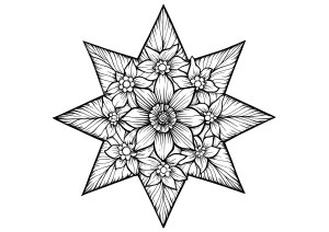 璀璨,复杂的花卉之星. 这幅插图展示了一颗精美绘制的星星,点缀着精致的花朵和迷人的图案。 灿烂,复杂的花卉之星