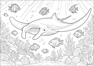 蝠鲼和珊瑚礁. 一只威严的蝠鲼优雅地游过生机勃勃的珊瑚礁。热带鱼、气泡和滤过的光线共同构成了一个令人舒缓、细节丰富的水下场景。 蝠鲼和珊瑚礁