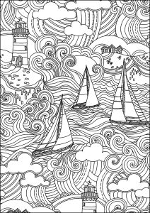 壮丽的海洋景色，包括灯塔、船只、海浪和多云的天空