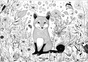 狐狸在花丛、树叶和鸟儿中