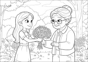 小女孩向祖母献上花束