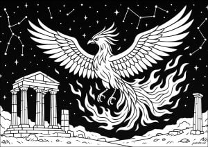 星空下的传奇凤凰. 一只雄伟的凤凰展开双翼,在星空下的古老废墟上空翱翔。其风格化的火焰羽毛与神话般的星群,共同构筑出可自由定制的史诗场景。 星空下的传奇凤凰