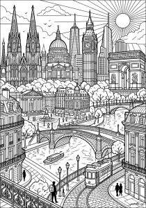 有名な記念碑と想像上の都市景観. 橋と川の周りに、建物や路面電車とともに、さまざまな有名な記念碑が集まっています。 これらの記念碑の中でも、特にケルン大聖堂、ビッグ・ベン、ロンドンのシャードやセント・ポール大聖堂、ニューヨークの建物群、パリの凱旋門などを塗り絵にできます。