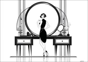 アールデコ調の家具の前で身支度をする女性