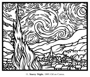 フィンセント・ファン・ゴッホ作「星降る夜」（1889年）から作成された塗り絵のページ。