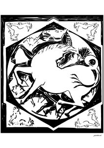 馬とタツノオトシゴ（木版画）