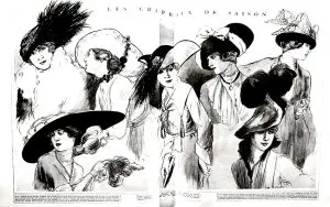 1915年のファッションスケッチ、女性用帽子付き