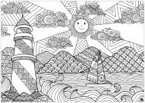子ども向け風景のぬりえイラスト