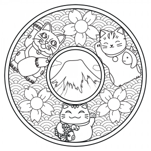 三匹の招き猫が描かれた曼荼羅