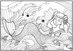 ダウンロード用の人魚のぬりえイラスト