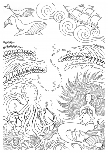 人魚とタコが波の下にいる