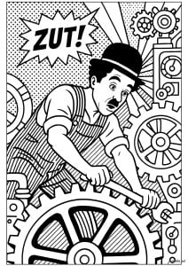 ポップアート工場のチャーリー・チャップリン. 有名なトランプは、ポップアートに典型的なグラフィックな構図の中で、様式化された産業機械の中で働いている。ユーモラスな吹き出しと幾何学模様が、このヴィンテージな白黒の情景を活気づけている。 ポップアート工場のチャーリー・チャップリン