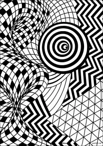 白黒の幾何学的な錯視. ねじれたグリッド、脈打つ螺旋、ジグザグのシェブロンを融合させた抽象的な構図が、印象的なモアレ効果を生み出します。テッセレーションと繰り返しパターンがトロンプ・ルイユの奥行きを生み出し、創造的なリラックスのひとときに最適です。