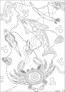 奇妙な海の生き物：イルカ、魚、巨大なカニ