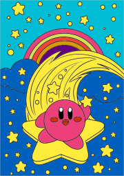 Werk von Anonym nach Kirby on a star in the sky with clouds and rainbow