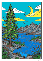 Pine tree, lake, and peaceful mountains をぬった 匿名 さんの作品
